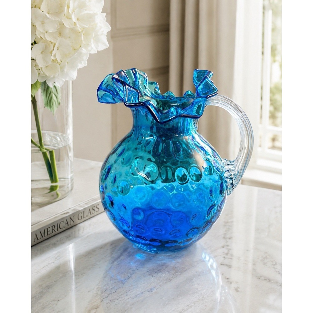 Vintage Fenton Blue Coin Dot Art Glass Pitcher Ruffled Rim Hand Blown‎ Vase